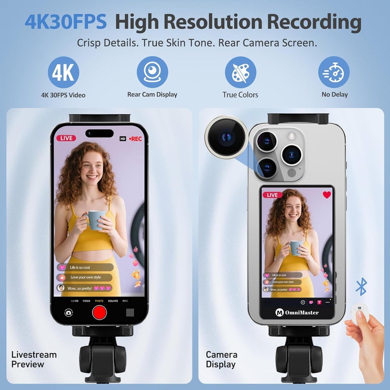 OmniMaster 4K30FPS Rear Camera Selfie Monitor for iPhone & Android, Magnetic Screen with 33ft Bluetooth Remote, USB-C/Lightning — Perfect for Travel Vlogs, TikTok & Live Streaming - Image 3